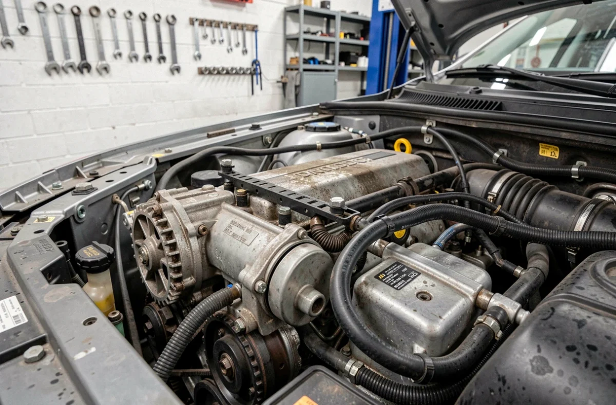 Gros plan sur un moteur DCi diesel dans un compartiment moteur, détails mécaniques et composants visibles