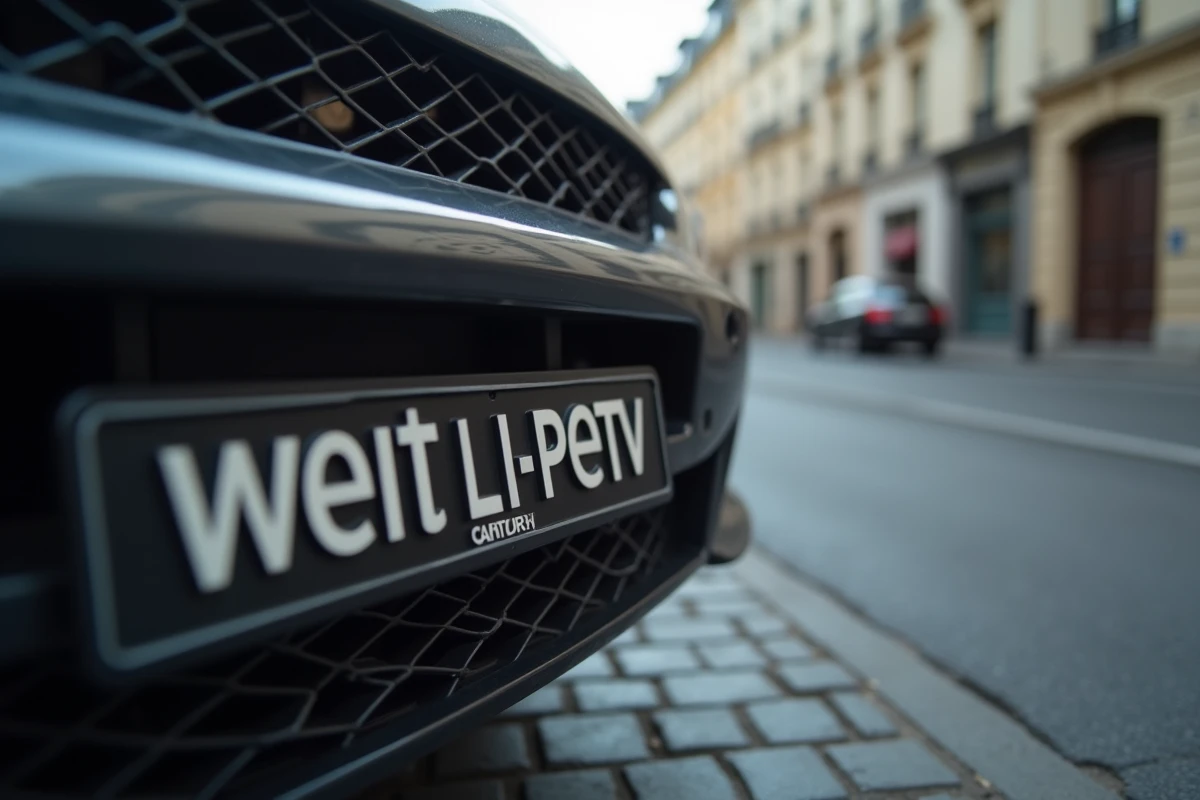 Gros plan sur une plaque d'immatriculation noire personnalisée non conforme fixée sur un véhicule à Paris