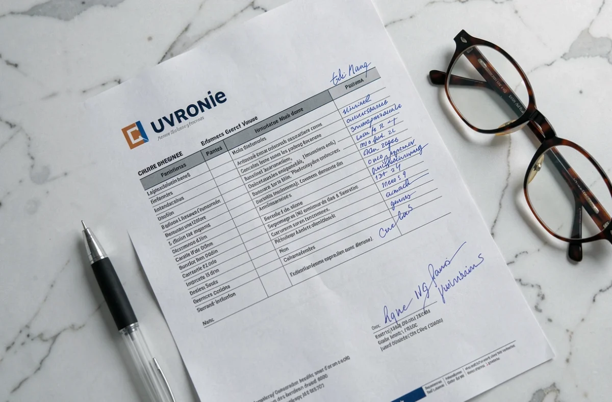 Gros plan sur un relevé d'information assurance auto posé sur un bureau en marbre avec un stylo et des lunettes
