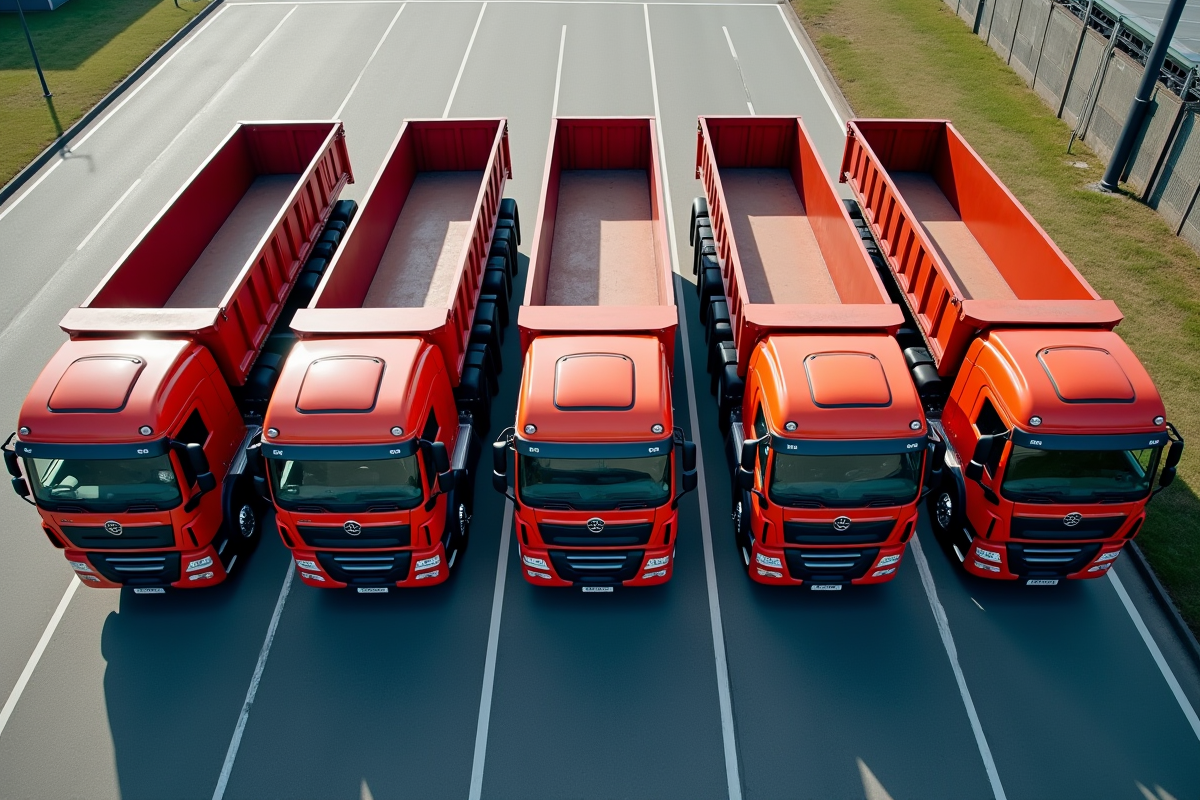Plusieurs camions benne européens alignes vue aérienne