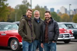 Groupe de passionnés de voitures anciennes souriants