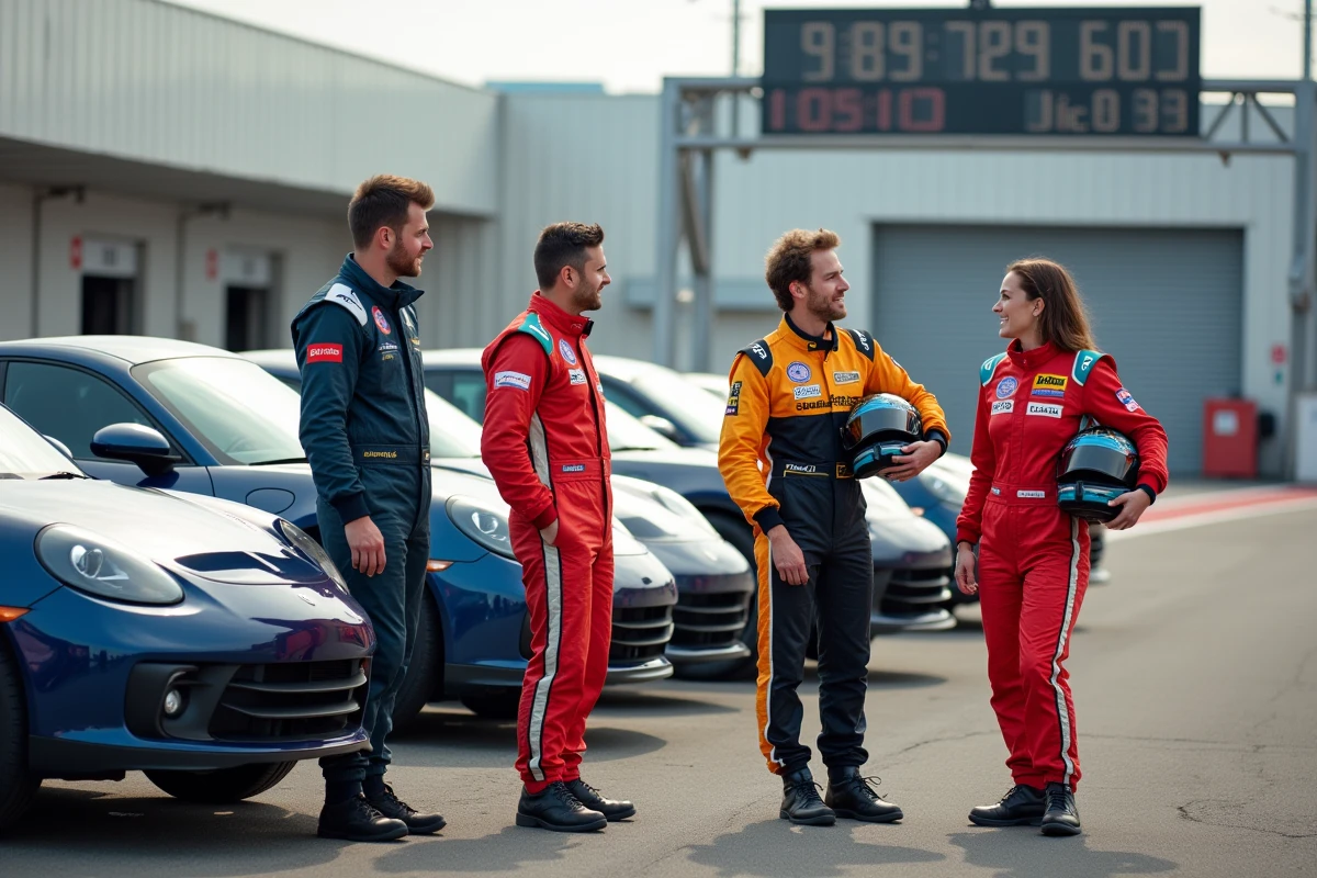Groupe de participants souriants en combinaison de pilotage dans la voie des stands après un stage de conduite sur circuit