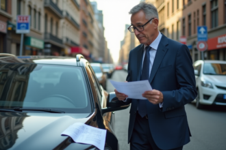 Homme d'affaires en costume dans la ville près de sa voiture