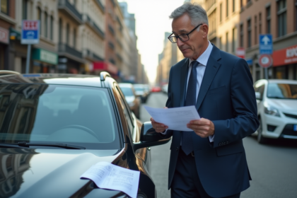 Homme d'affaires en costume dans la ville près de sa voiture