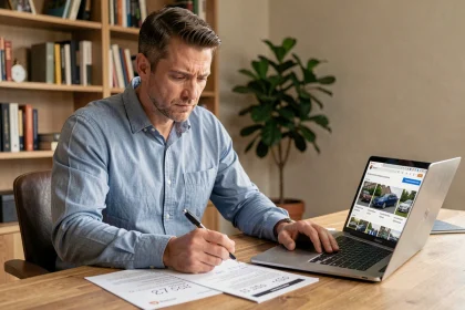 Homme analysant les frais cachés d'une transaction Capcar sur un ordinateur portable avec des documents imprimés