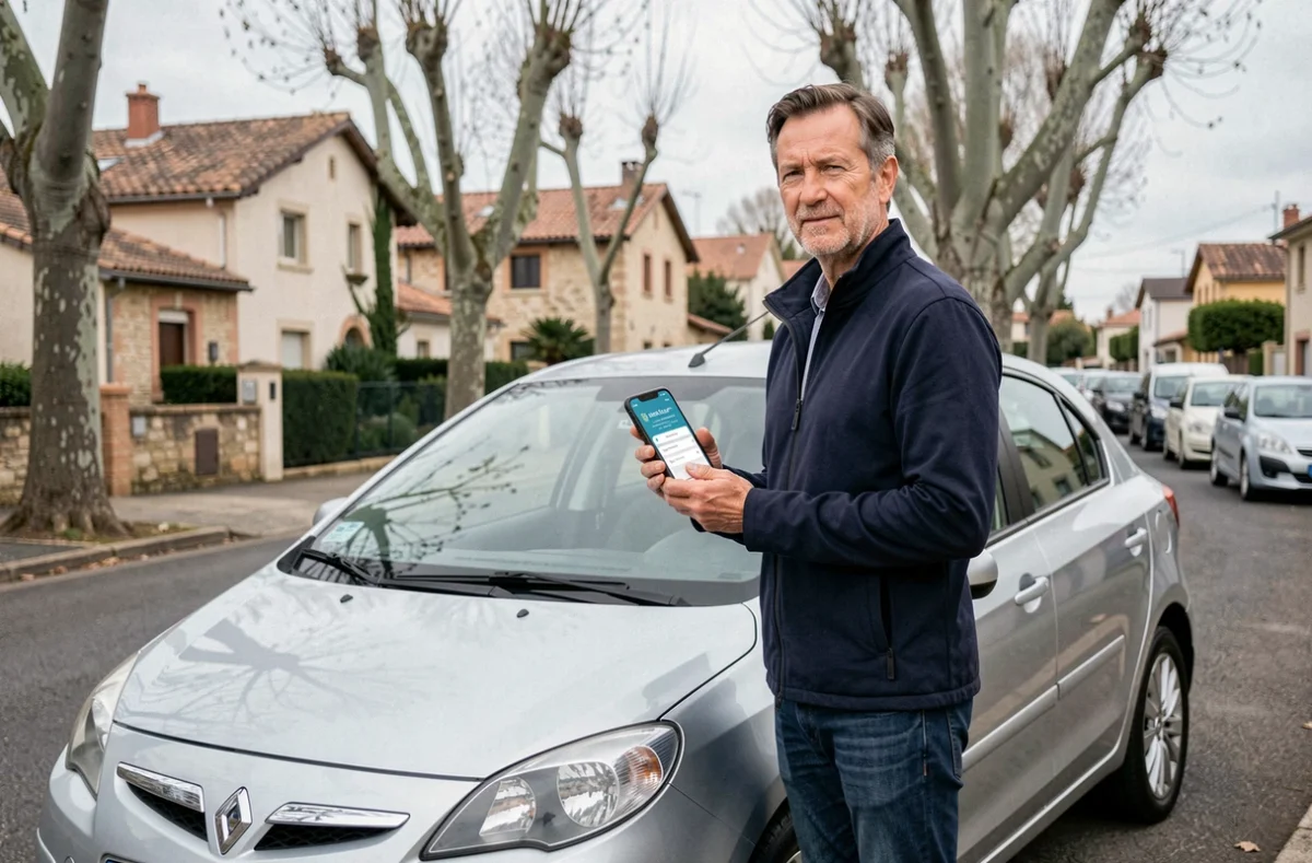 Homme consultant une application d'assurance auto sur smartphone devant sa voiture dans une rue résidentielle de Colomiers