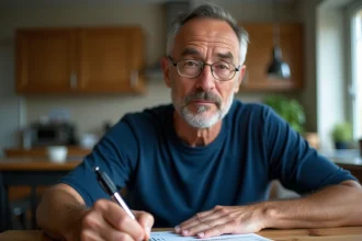 Homme barrant une carte grise avec un stylo sur une table en bois lors d'une cession de véhicule