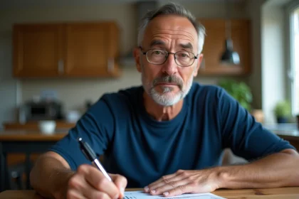 Homme barrant une carte grise avec un stylo sur une table en bois lors d'une cession de véhicule