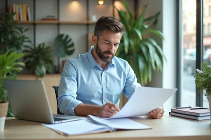 Homme d affaires concentré travaillant à son bureau moderne
