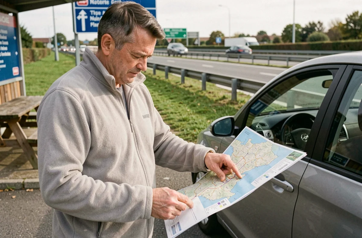 Homme consultant une carte routière papier de France à une aire d'autoroute pour identifier les tronçons gratuits
