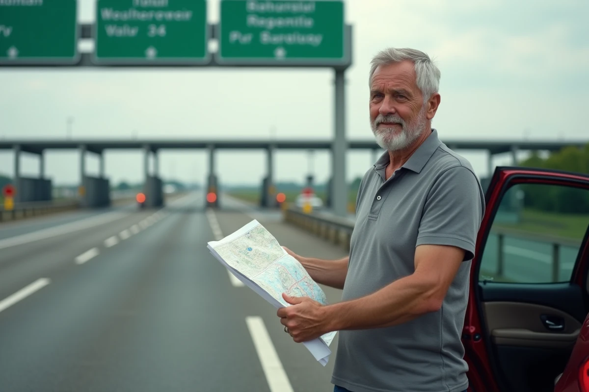 Homme consultant une carte routière devant un péage d'autoroute en France