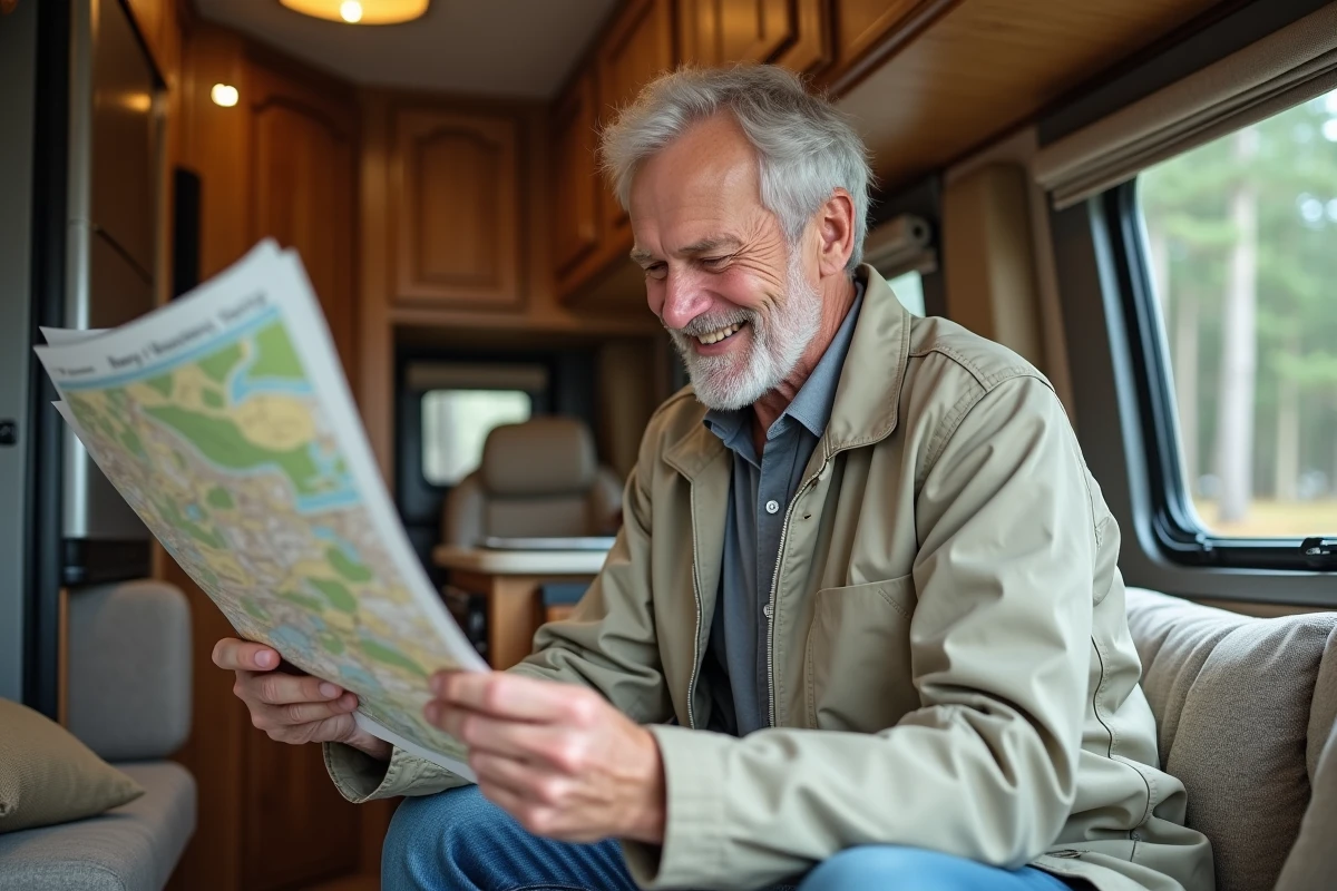 Homme retraité vérifiant une carte dans un van cosy