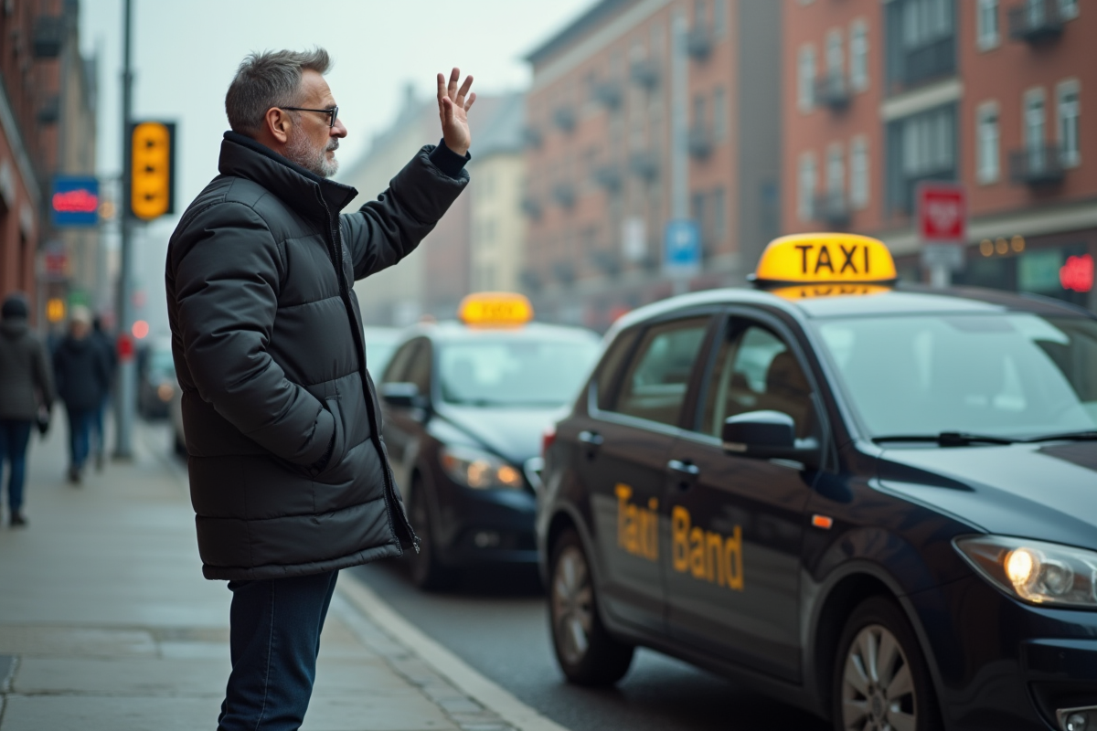 Homme scrutant une file de taxis en stationnement