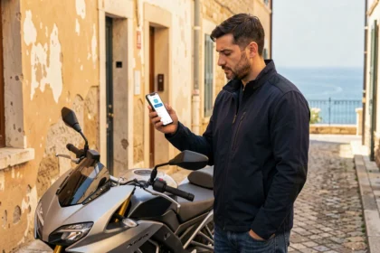 Homme consultant une application de comparaison d'assurance moto sur son smartphone dans une rue de Marseille