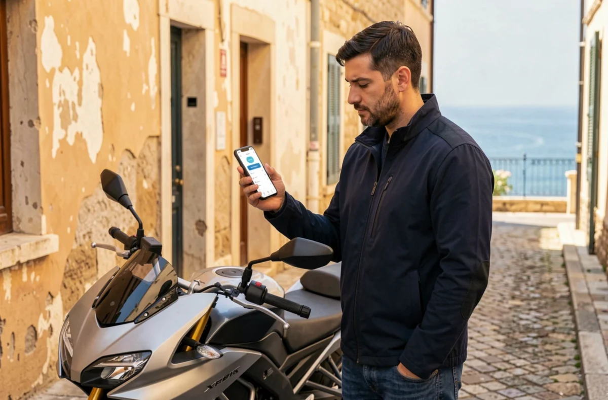 Homme consultant une application de comparaison d'assurance moto sur son smartphone dans une rue de Marseille