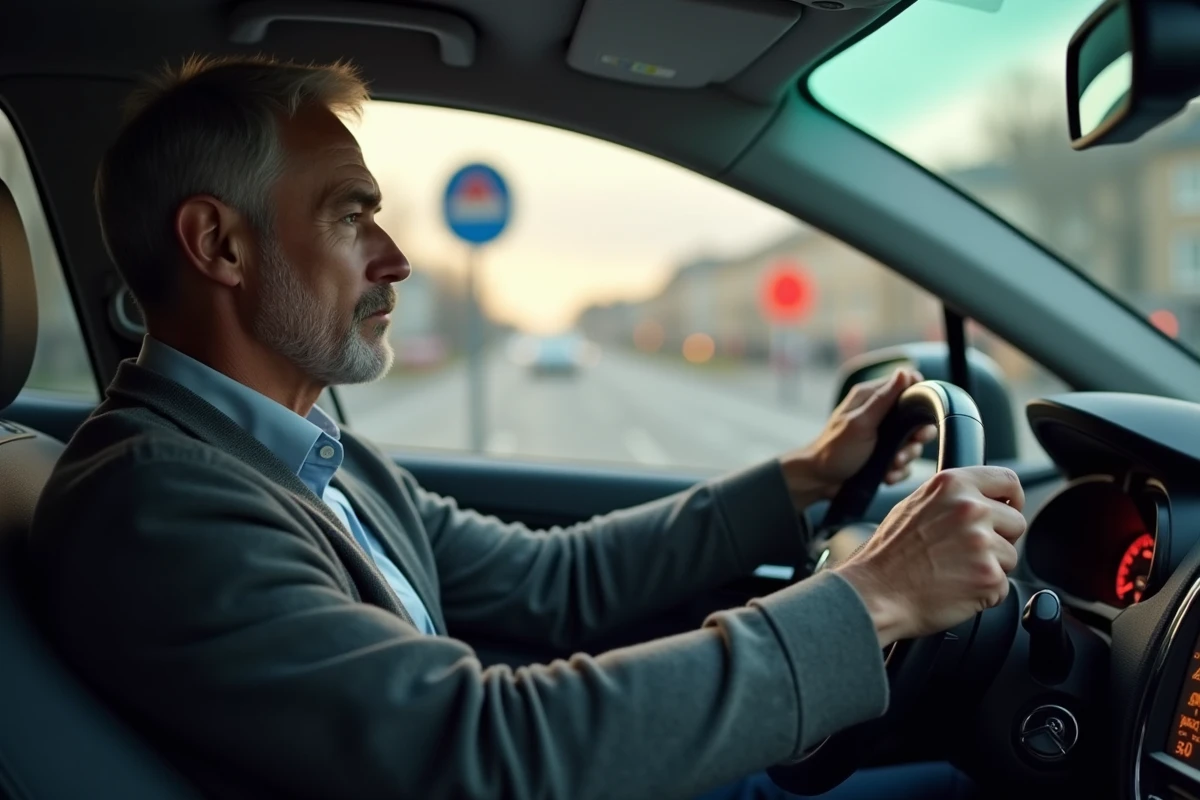 Homme regardant le tableau de bord dans sa voiture en ville