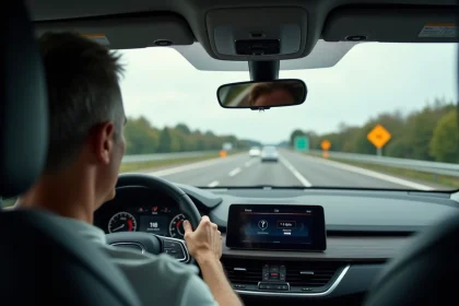 Homme d'âge moyen conduisant une voiture moderne sur l'autoroute