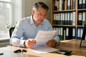 Homme lisant un contrat d'assurance voiture avec des clés de voiture et une calculatrice sur un bureau en bois