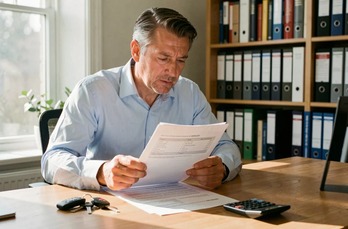 Homme lisant un contrat d'assurance voiture avec des clés de voiture et une calculatrice sur un bureau en bois