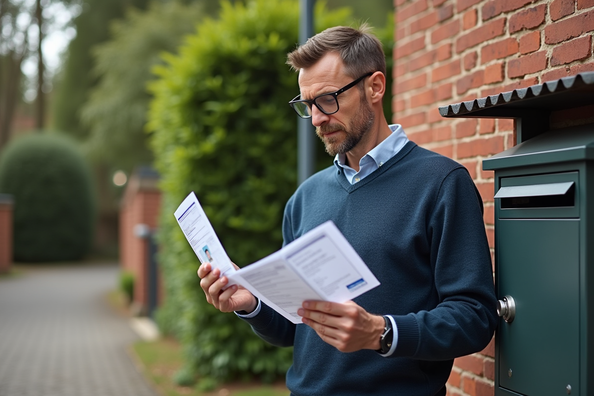 Homme avec permis de conduire et facture devant une boîte aux lettres