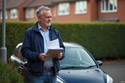 Homme vérifiant des papiers devant une voiture d'occasion