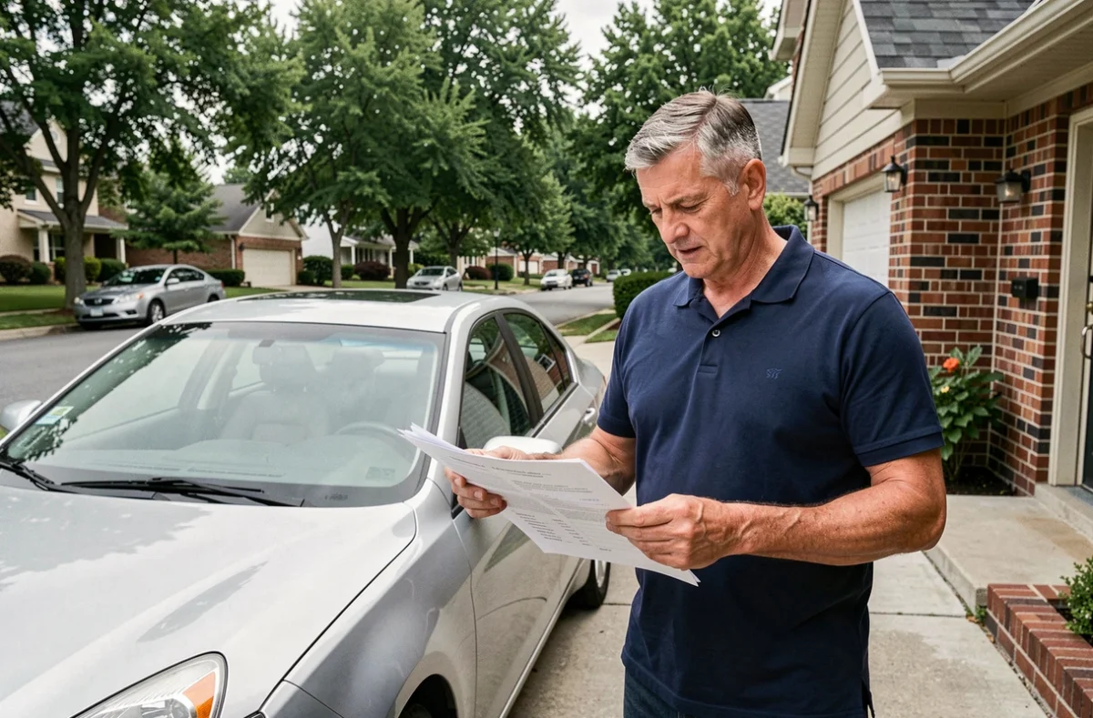 Homme comparant des documents d'assurance automobile à côté de sa voiture dans une allée résidentielle