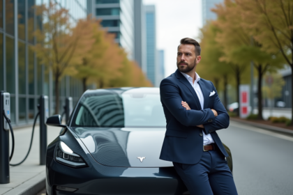 Homme en costume près d'une voiture électrique urbaine