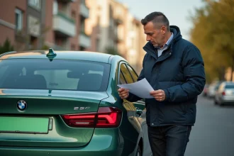 Homme français examine la plaque d'immatriculation verte d'une voiture