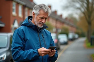 Homme d'âge moyen avec GPS devant sa voiture résidentielle