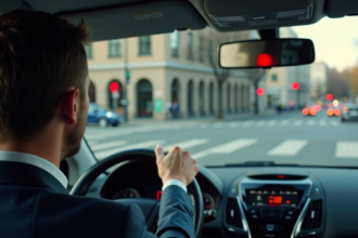 Homme hésitant dans sa voiture en ville devant un feu rouge