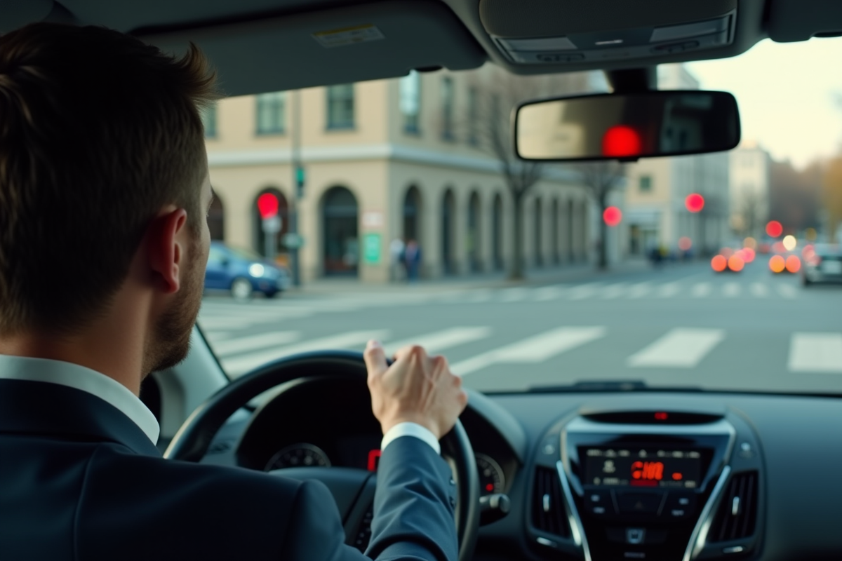 Homme hésitant dans sa voiture en ville devant un feu rouge