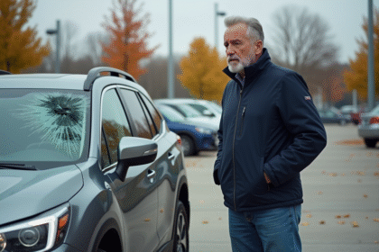 Homme inquiet regardant sa voiture avec une vitre cassée