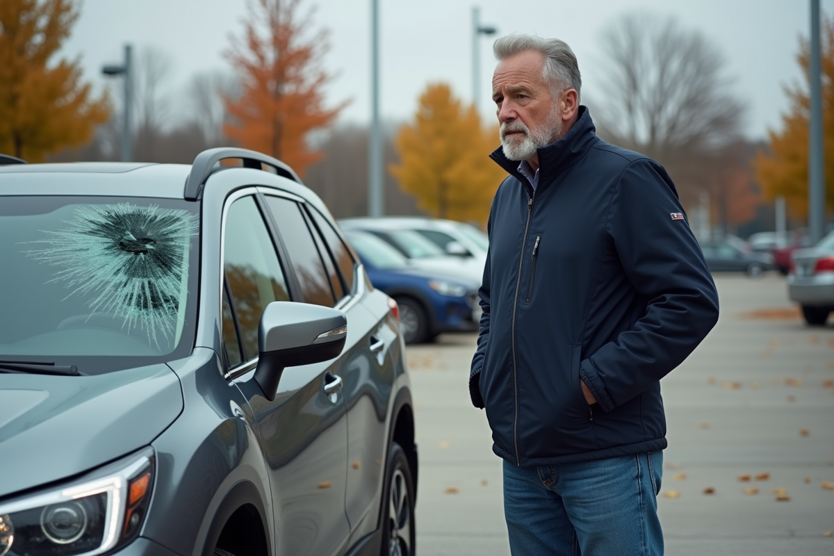 Homme inquiet regardant sa voiture avec une vitre cassée
