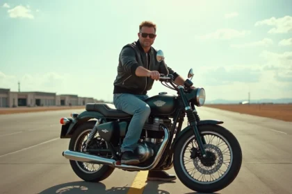 Homme en blouson et lunettes sur moto vintage sur piste