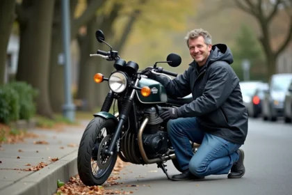 Homme en moto avec sacoches sur une rue calme