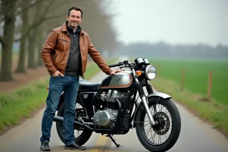 Homme avec moto Suzuki 750 GT en campagne