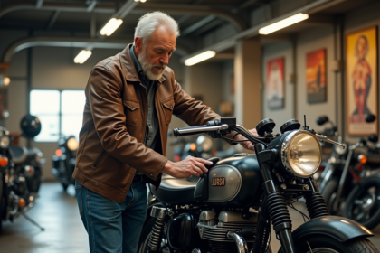 Homme en équipement vintage nettoyant une moto classique