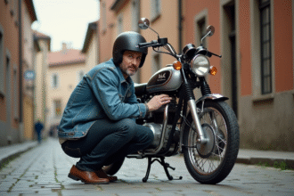 Homme en denim polissant une moto classique Skyteam Dax