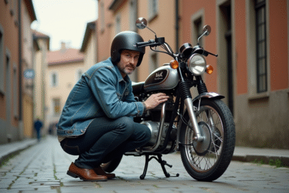 Homme en denim polissant une moto classique Skyteam Dax