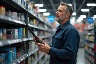 Homme moyenâge en chemise de travail examine accessoires auto
