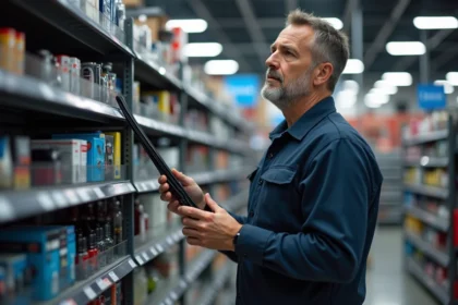 Homme moyenâge en chemise de travail examine accessoires auto