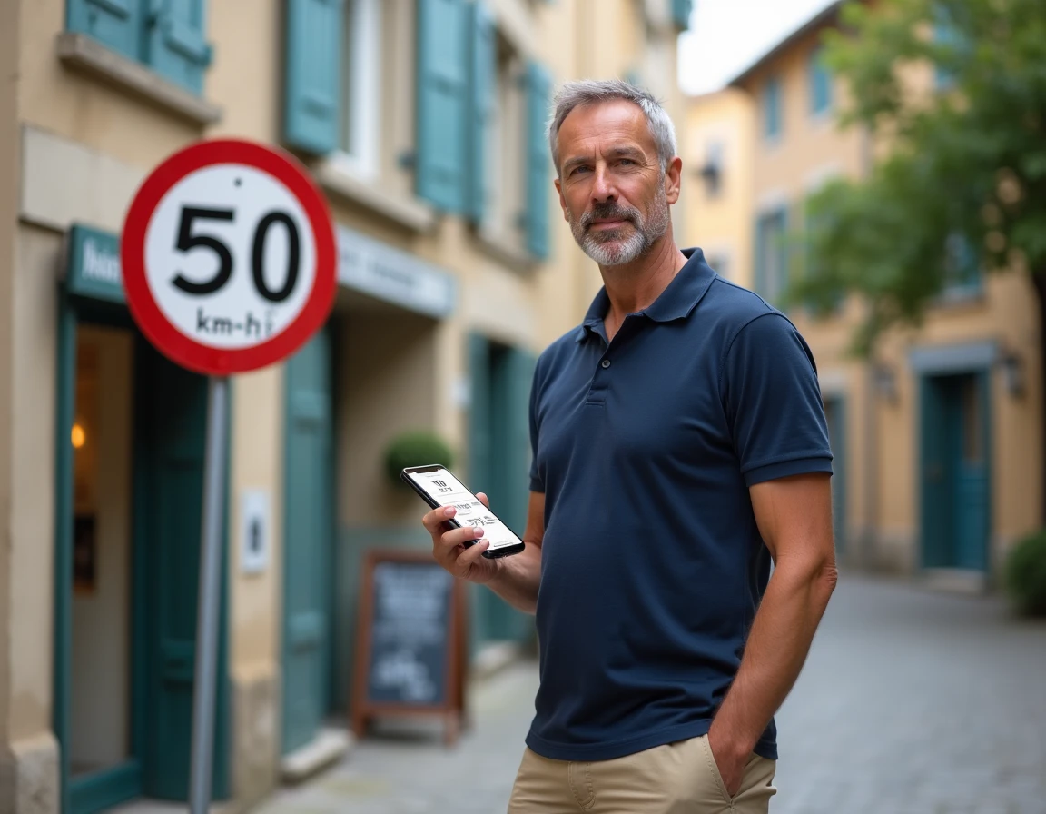 Homme debout devant un panneau de limitation de vitesse 50 km/h dans un village français, utilisant une application mobile de conversion mph vers km