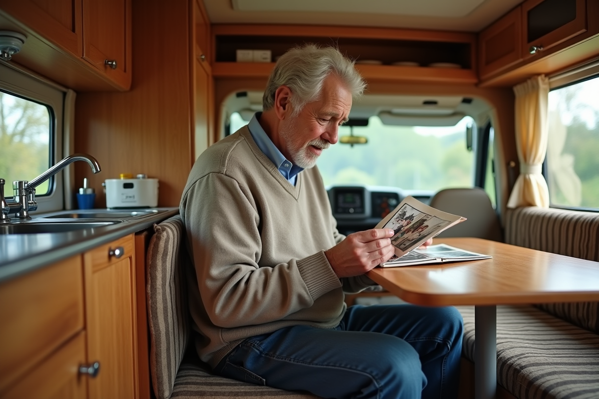 Homme regardant un album photo dans un intérieur chaleureux