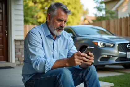 Homme d'âge moyen sur le porche compare des applications de location de voiture