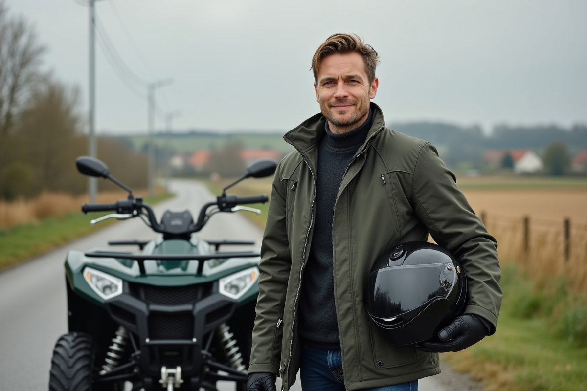 Homme en moto et quad dans la campagne française
