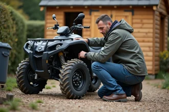 Homme vérifiant la chaîne d'un quad électrique en extérieur