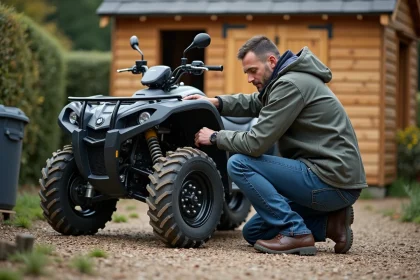 Homme vérifiant la chaîne d'un quad électrique en extérieur