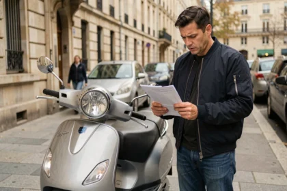 Homme debout à côté d'un scooter 125cc consultant des documents d'assurance sur un trottoir urbain