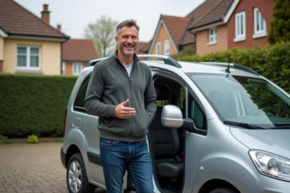 Homme d'âge moyen près d'une Peugeot Partner Tepee dans une cour