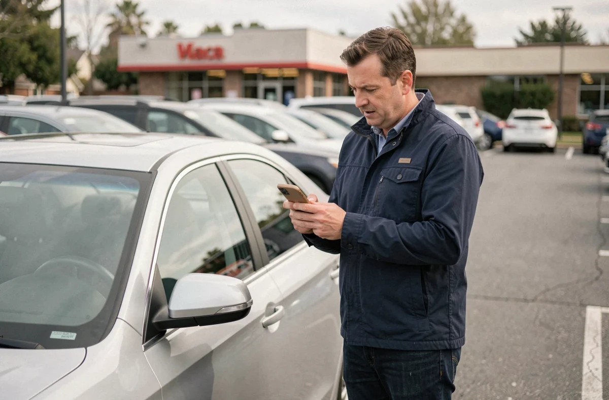 Homme utilisant son smartphone pour simuler un devis d'assurance auto près de sa voiture